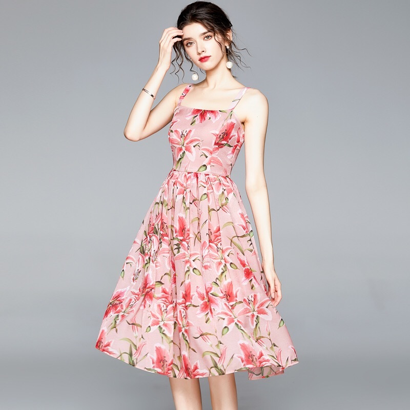 summer sundress for women vintage sweet young pink lily flower printed spaghetti strap A-line party beach dress plus size 210421
