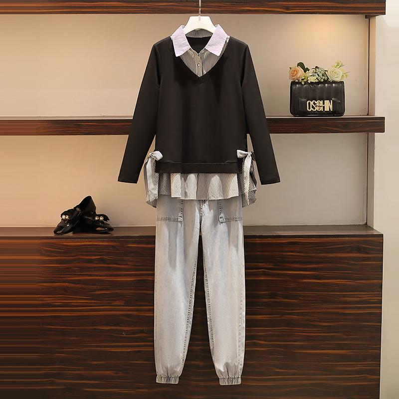 Women's Two Piece Pants Suit Female Plus Size Blouses And Suits Version Of The Stripe Printing Two-piece Retro Casual Jeans Top Big, Black
Women's Two Piece Pants Suit Female Plus Size Blouses And Suits Version Of The Stripe Printing Two-piece Retro Casual Jeans Top Big, Black