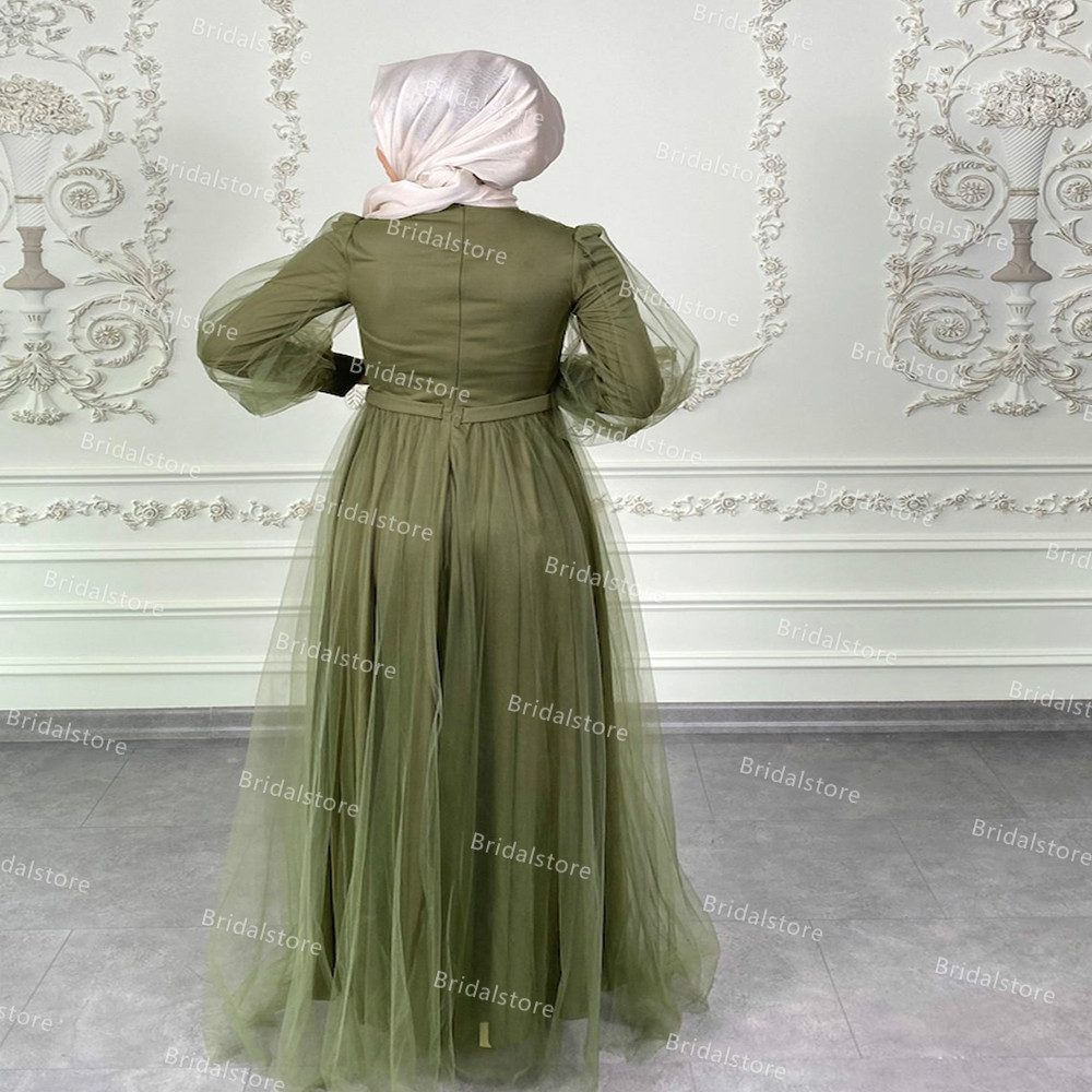 Unique Olive Green Muslim Evening Dress 2021 A Line Tulle Pleated Long Sleeve Arabic Turkey Party Gowns Beaded Belt Prom Dresses robe de soirée mariag
