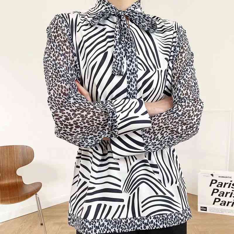 Elegant Women Leopard Patchwork Shirts Fashion Ladies Bow Collar Tops Streetwear Female Chic Zebra-Stripe Blouses 210527
