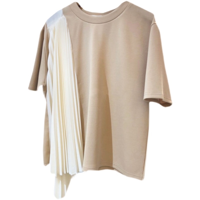 VANOVICH Korea's Spring Summer Women Loose Irregular Stitching Pleated Round Collar T-shirt Women's Top 210615Z