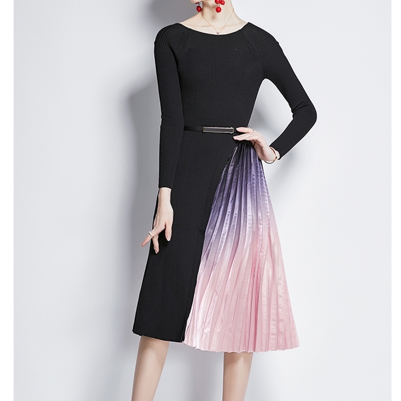 Elegant Knitted Patchwork Gradient Pleated Dress Women Long Sleeve Sweater Office Midi Vestidos With Belt 210520