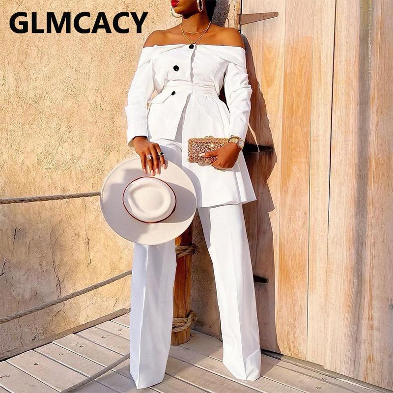 Two Piece Elegant Work Suits Off Shoulder Blazer Top & Regular Pants Set Women's