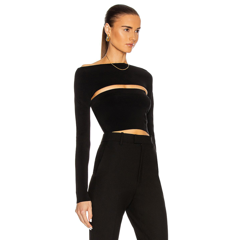 Free Sexy Hedging Bandage Tops Women's Shoulder Long Sleeve Bodycon Hollow Short Club Party 210524