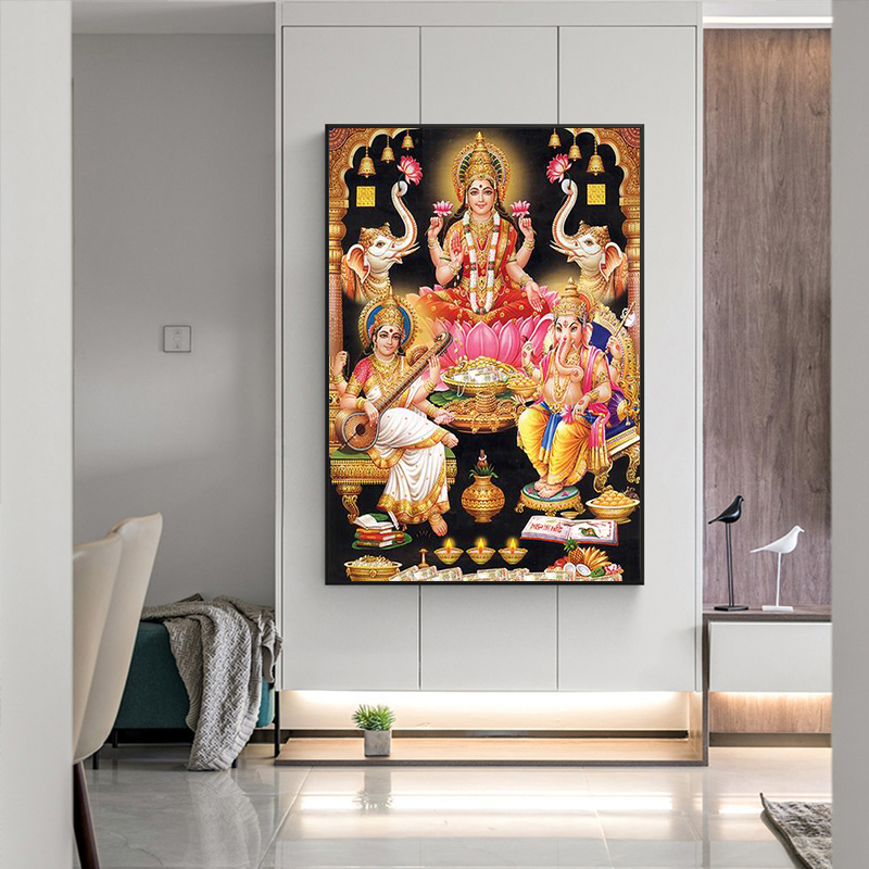 Hindu Gods Lord Ganesha Krishna (Ganesha Krishna) Canvas Posters and Prints Mural Art Hindu Living Room Decoration Painting
