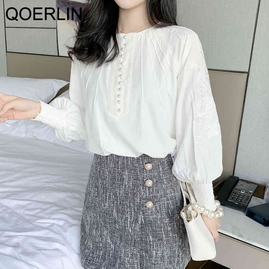 QoerliN Embroidered Blouse Women Elegant Lantern Sleeve White Blouse OL Stylish Pearl Decor Chiffon ChicShirts Plus Size 210412