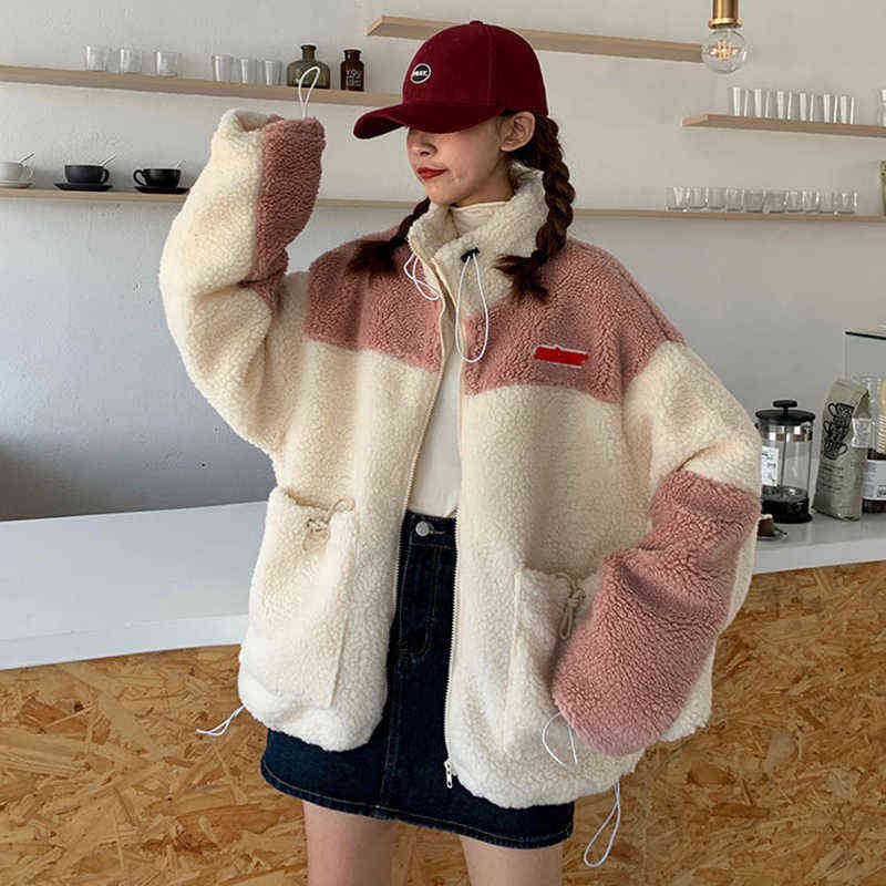 Women Hoodies thick fleece Hoodies zip-up patchwork cute Autumn Winter girls Loose coat 211109