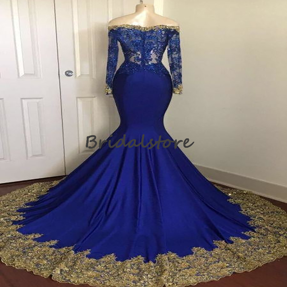 Elegant Royal Blue Mermaid Prom Dresses 2022 With Gold Lace Off The Shoulder Long Sleeve Plus Size Evening Dress With Sweep Train Vintage Robes De Soi
