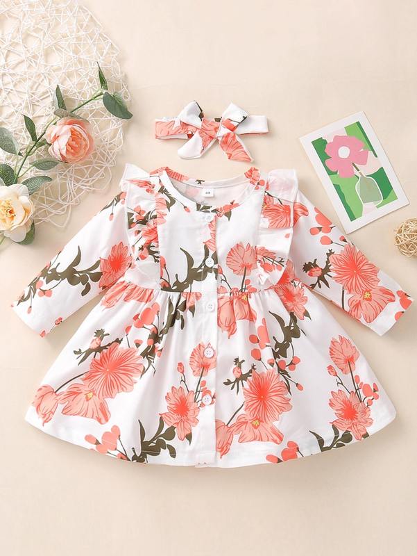 Baby Floral Print Ruffle Trim Dress With Headband SHE