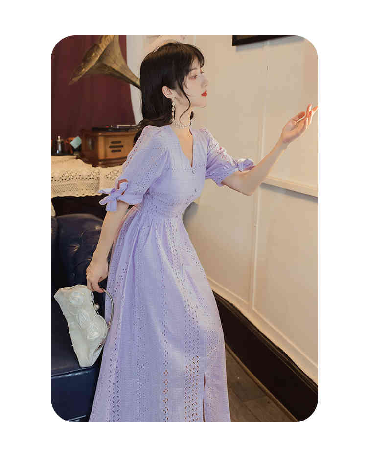 Summer Women Purple Embroidery Cotton Dress V Neck Short Sleeve Ladies Single-Breasted Midi Dress Vestidos 210518