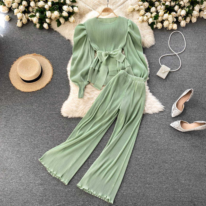 Elegant Women Purple Pant Suits Spring Autumn Solid Puff Sleeve Top Pleated Chiffon Wide-Leg Pants 2 Piece Set Female Outfit 210925wtt