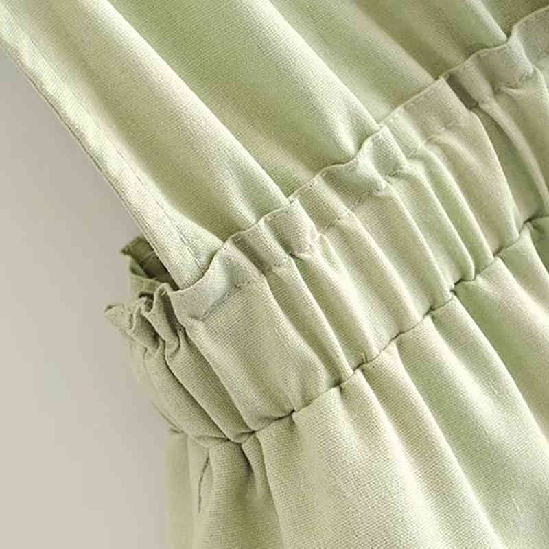 Women Solid V Neck Mini Cotton Dress Pockets Button Decorate A Line Sleeveless Backless Fashion Lady es Ropa Mujer 210515