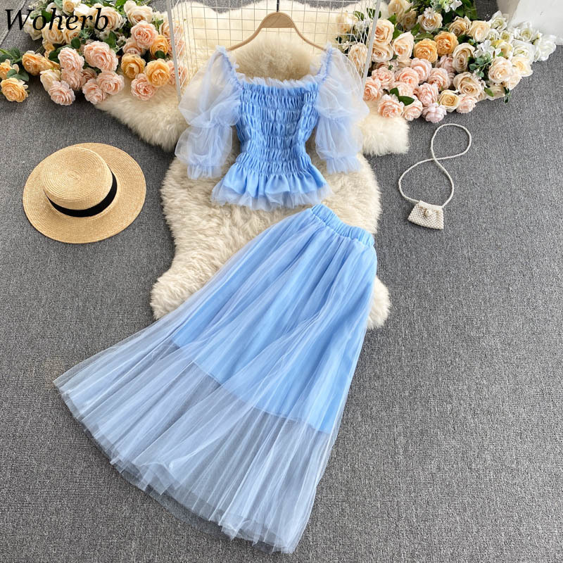 Korean Fashion Summer Clothes Women Sweet Mesh Two Piece Sets Sexy Crop Tops + Pleated Long Skirts Outfit Ladies Suits 210519