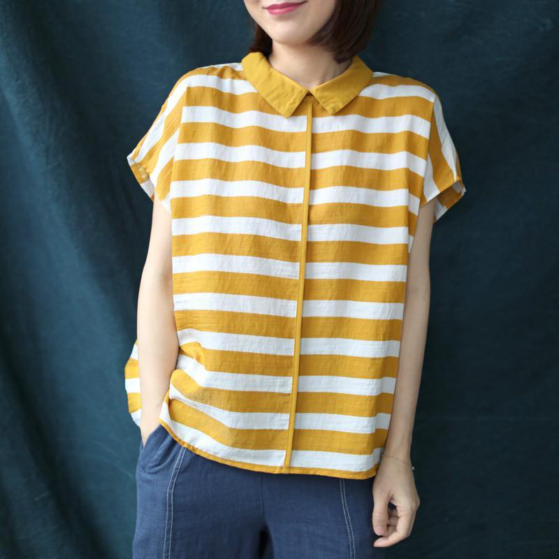 Summer Arts Style Women Loose Striped Shirts Peter Pan Collar Short Sleeve Casual Blouses Plus Size Blusas Mujer S966 210512