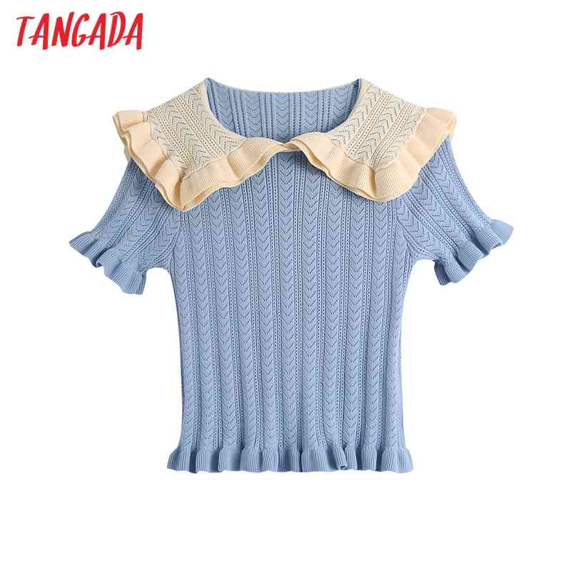 Women Blue Ruffled Cropped Knitted Sweater Patchwork Collar Short Sleeve Female Pullovers Chic Tops BE476 210416