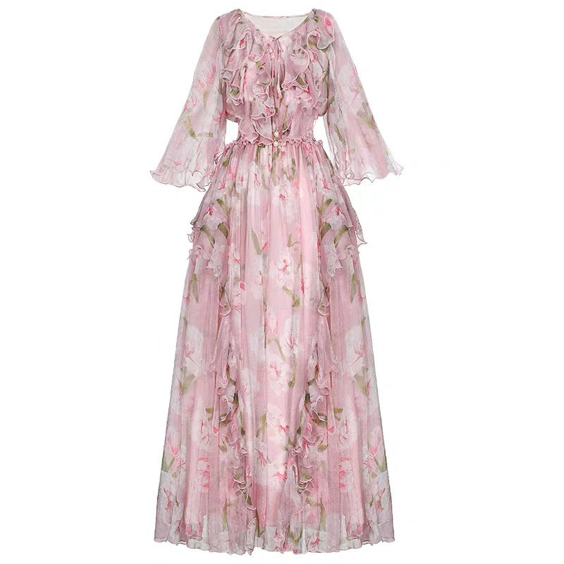 Sweet Blush Pink Floal Printed Women Dresses To Birthday Party Pretty Ruffles Tiered Tulle Mini School Dress 210421