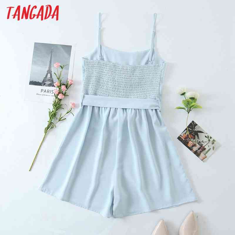 Women Vintage Blue Summer Playsuits Spaghetti Strap Rompers Ladies Casual Chic Overalls QW61 210416