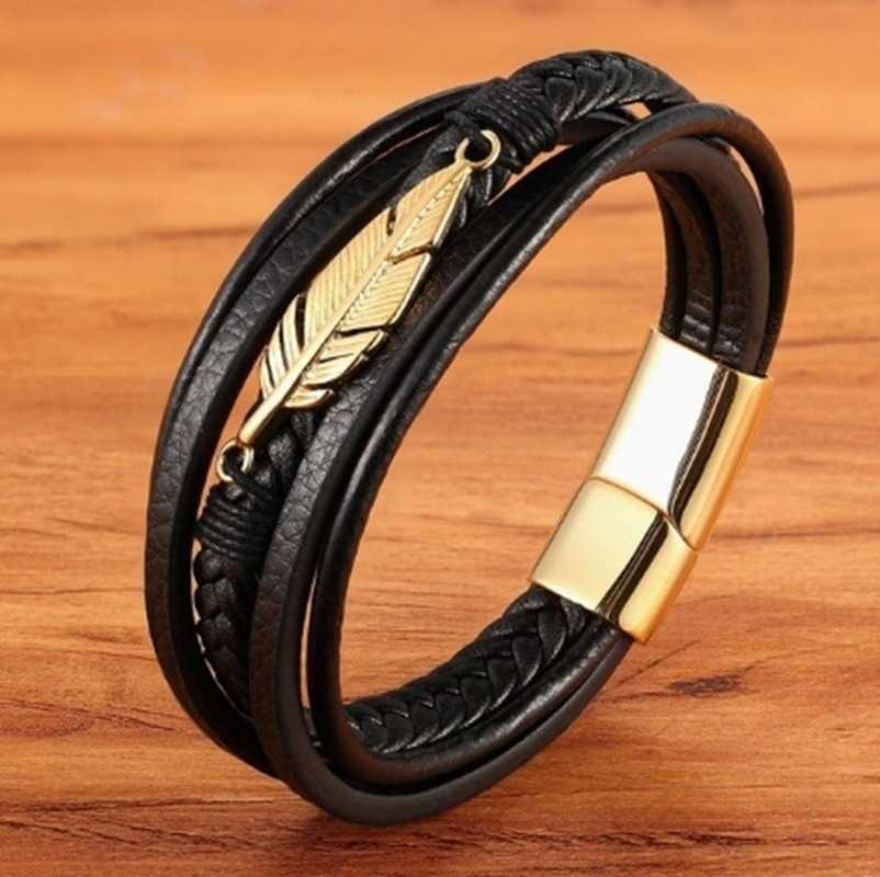 Classic Alloy Feather Magnetic Clasp Bracelet Boys Multilayer Leather Bracelet Fashion Exquisite Jewelry Gift Q0719
Classic Alloy Feather Magnetic Clasp Bracelet Boys Multilayer Leather Bracelet Fashion Exquisite Jewelry Gift Q0719