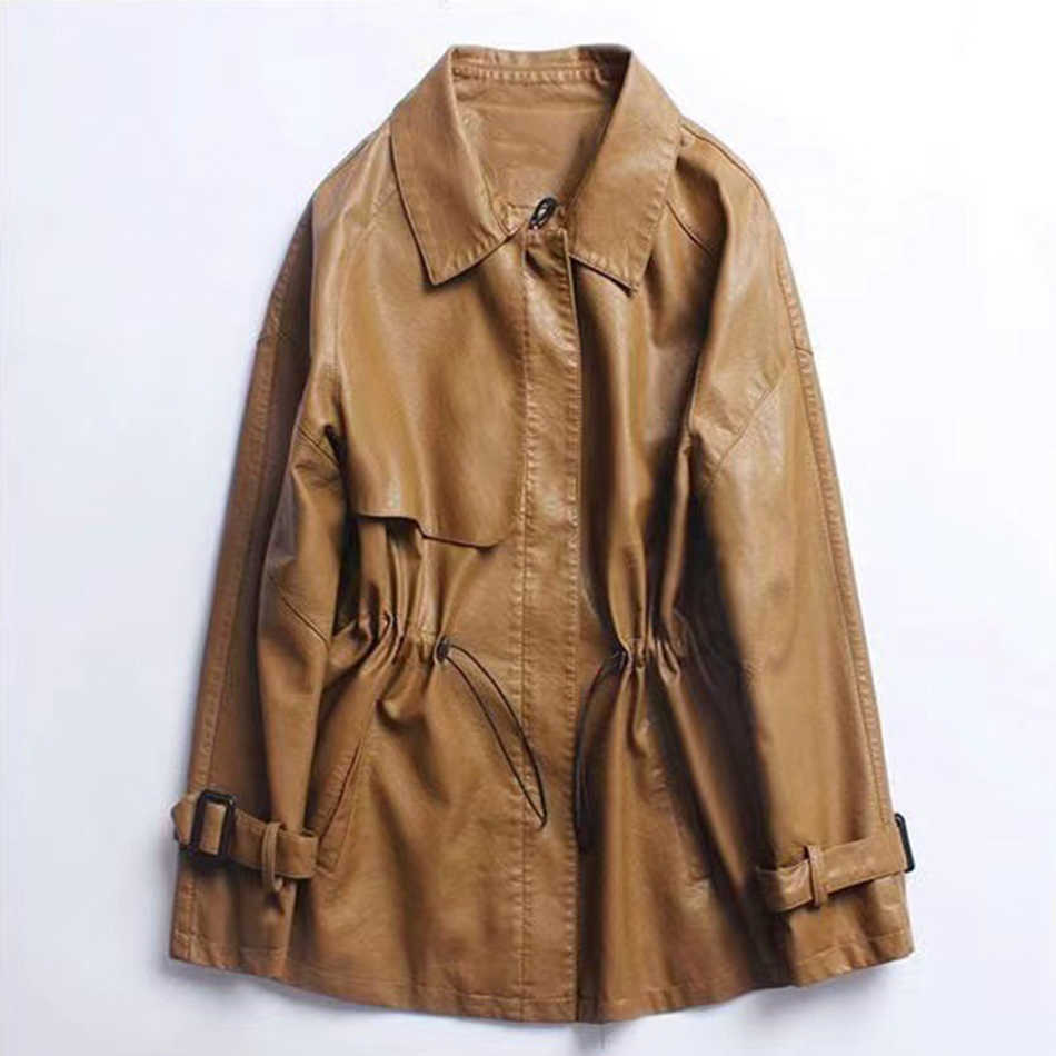 Faux Leather Jacket Ladies Long Sleeve Lapel Zipper, Plus Size Black Brown Soft Pleated Pu 5Xl 210525