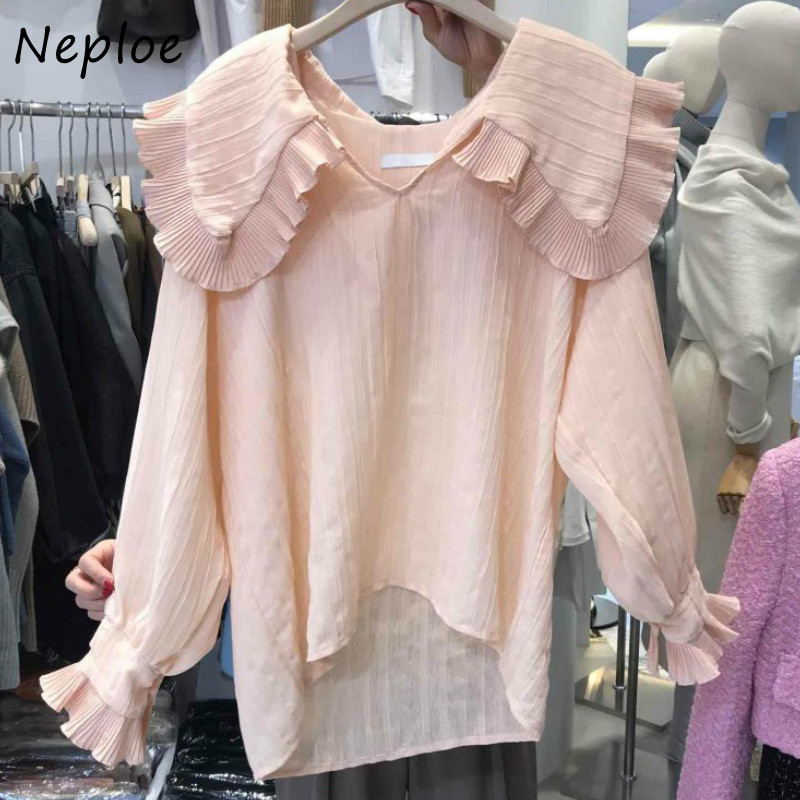 Peter Pan Collar Ruffles Patch Pulover Blouse Women Flare Long Sleeve Solid Blusas Spring Loose Shirt Feminino 210422