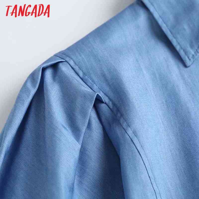 Women Elegant Thin Denim Puff Long Sleeve Chic Female Casual Loose Shirt Tops 4C65 210416