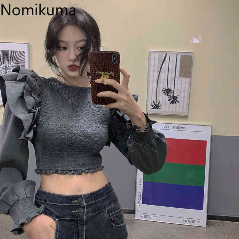 Nomikuma Korean Ruffle Patchwork Long Sleeve Blouse Stretch Slim Short Women Shirt New Causal O-neck Femme Blusa Top 6E710 210427