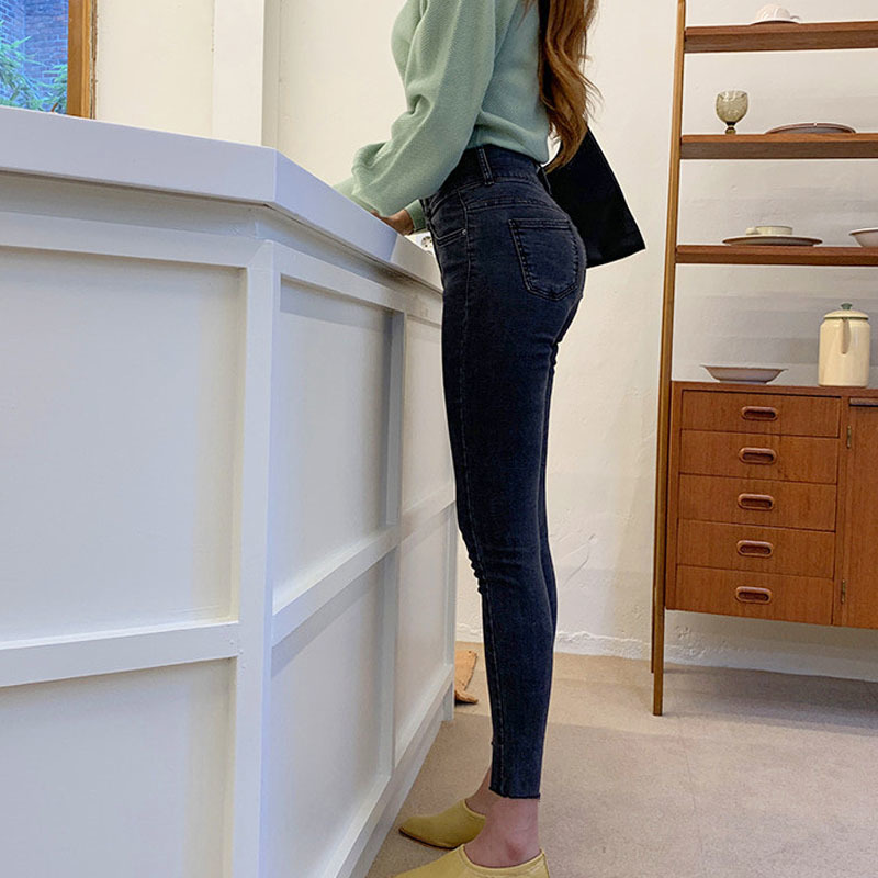 Black for Women Stretch Fashion High Waist Jeans Button Female Skinny Denim Pencil Pants Casual Trousers 10400 210417
