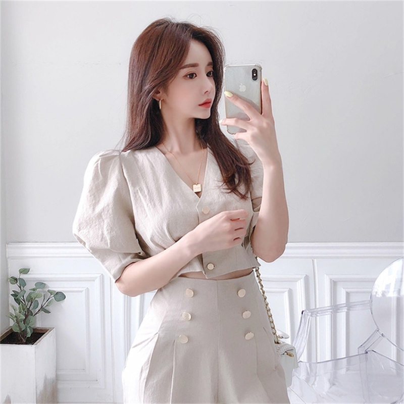 Business Ladies women two piece outfits Formal OL style Elegant Puff short sleeve tops + High waist Long Pants 2 Pieces Set 210519