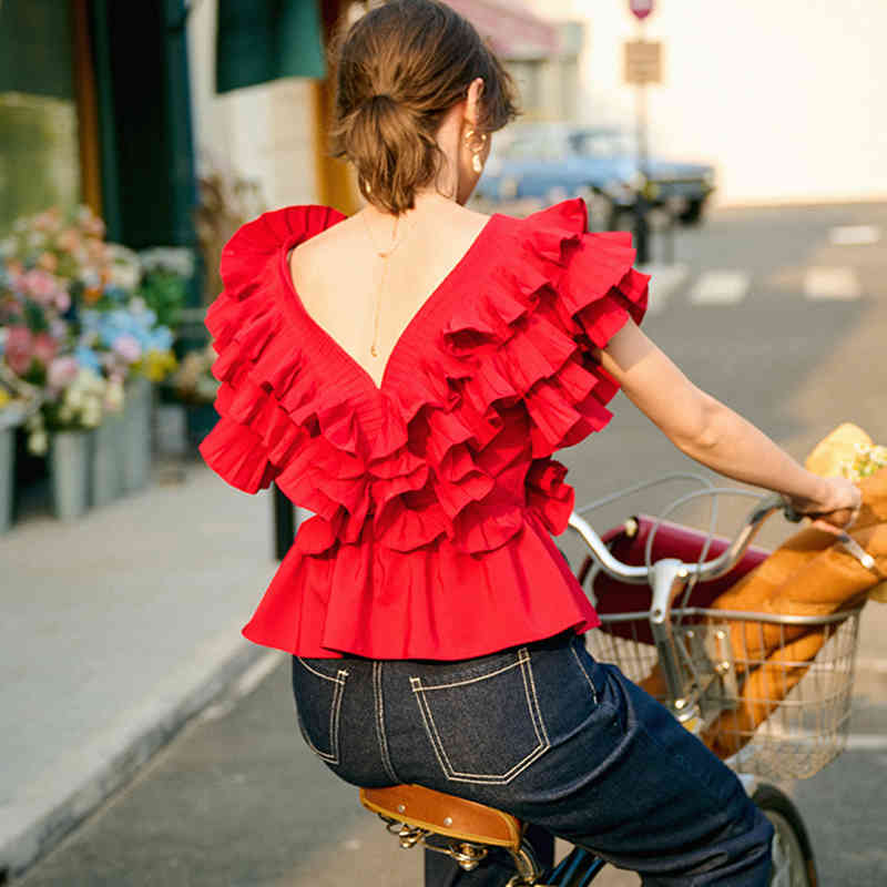 Red Casual Patchwork Ruffle Shirts For Women V Neck Short Sleeve Ruched Slim Blouses Female Summer Fashion 210524