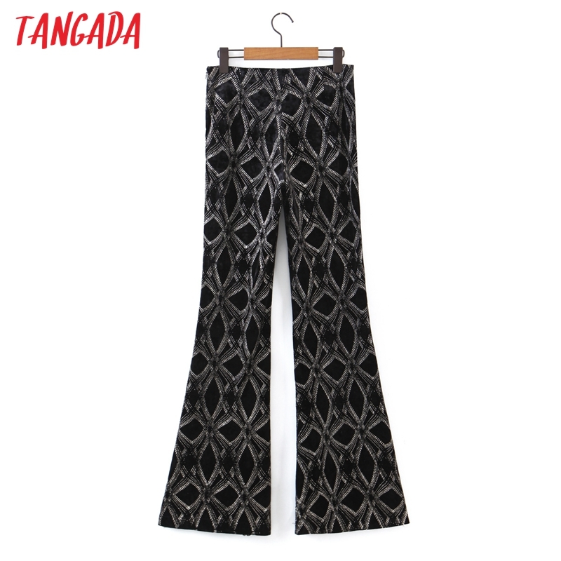 Fashion Women Print Velvet Flare Trousers Side Zipper Female Pants QW78 210416