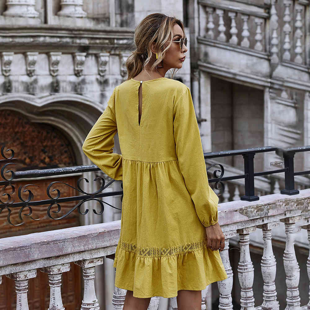 Woman Dress Autumn Winter Casual Lace Stitching Yellow Long Sleeve Loose Vintage Dresses For Women Clothes Ladies 210409