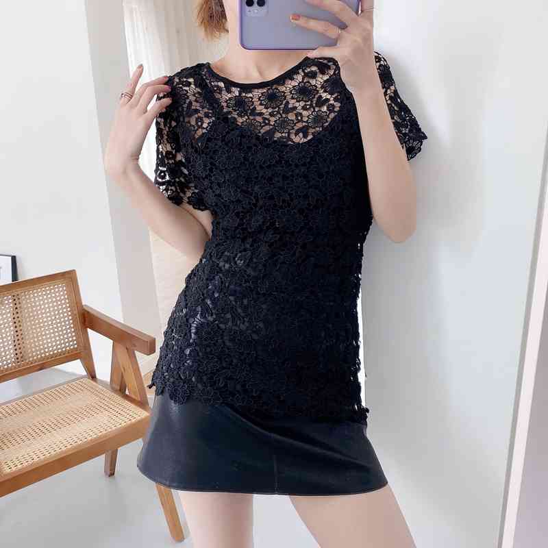 Summer Tops Women Short Sleeve Lace shirt Ladies Casual Black O neck Blouse XZ2327 210525
Summer Tops Women Short Sleeve Lace shirt Ladies Casual Black O neck Blouse XZ2327 210525