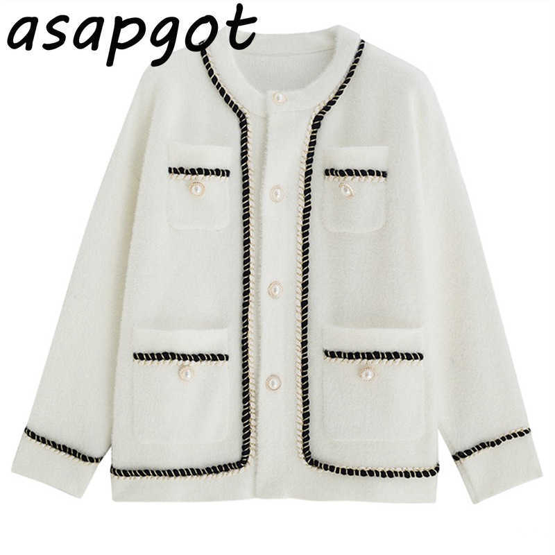Asapgot White Mink Cashmere Sweater Coat Women Autumn Winter Lazy Style Korean Retro Black Loose O Neck Knitted Cardigan Fashion 210811
