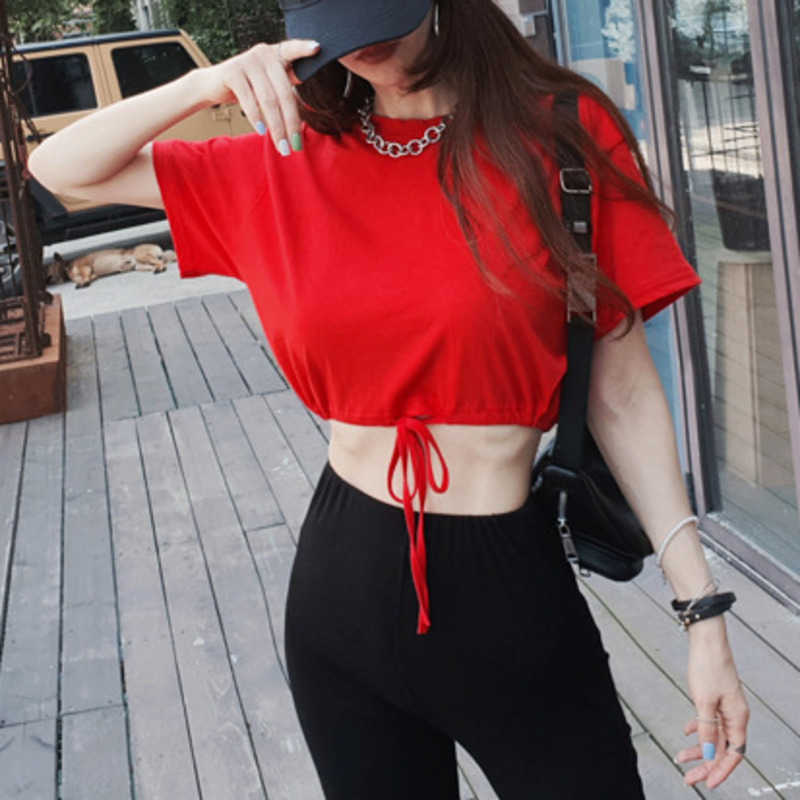 WOMENGAGA Korea summer short slim sexy navel bow Drawstring waist sleeve T-shirt women's tees tops top KJM8 210603