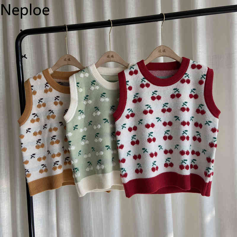 Neploe Woman Sweaters Vest O-neck Crochet Floral Cherry Knitted Cropped Pullovers Tank Korean Sweet Waistcoat Tops women 4H380 210422
