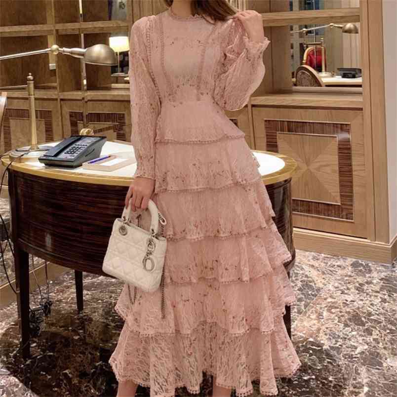 Spring Fashion Women Lace Embroidery Maxi Dress Female Long Sleeve Elegant Slim Ruffles Dresses 210519