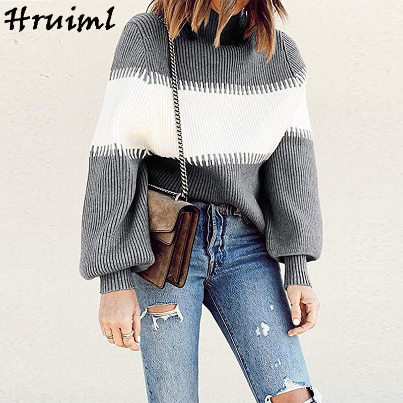 Pullovers Sweater Women Color Matching Turtleneck Long Sleeve Loose Knitted Sweaters Autumn Winter Clothes Casual Ropa Mujer 210513
