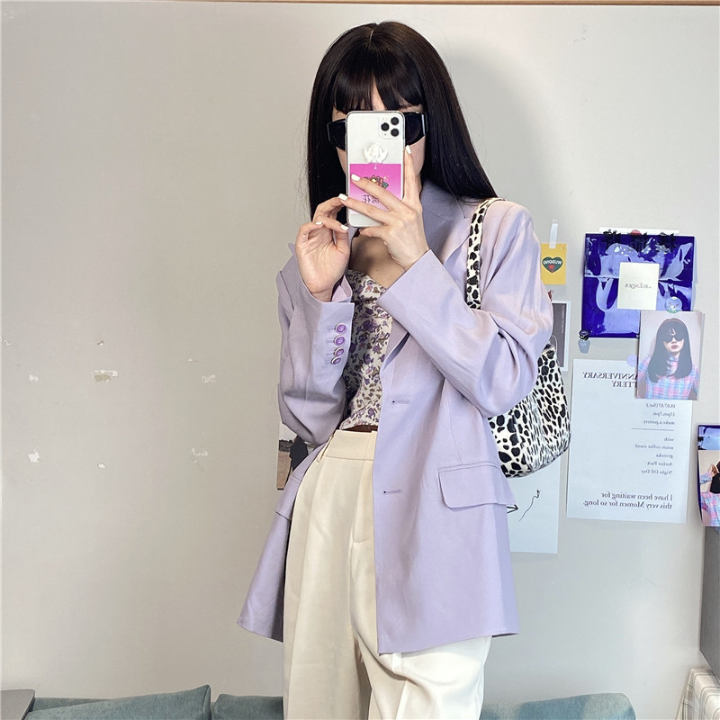 Spring Women Purple Thin OL Elegant Korean Chic Blazer Feminino Sweet Solid Coat Vintage 16213 210415