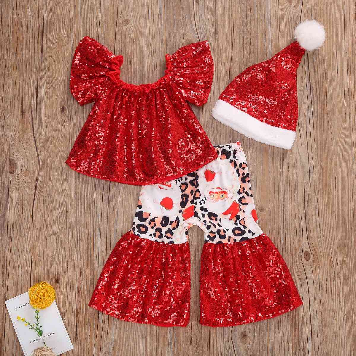 6M-4Y Toddler Infant Baby Kid Girl Christmas Clothes Set Sequins Ruffles T shirt Cartoon Flare Pants Hat Xmas Outfits 210515