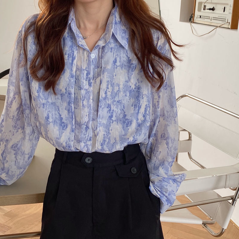 Thin Streetwear Printed Dying Chiffon Brief Sunscreen Outwear Elegance Loose Femme Gentle OL Casual Summer Shirts 210421