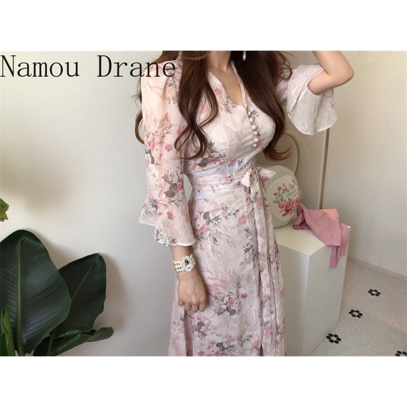 Chic Summer Women Print Midi Chiffon Dress Slim Elegant Bandage Dress Elegant Runway Dresses Vestido party dress 210630