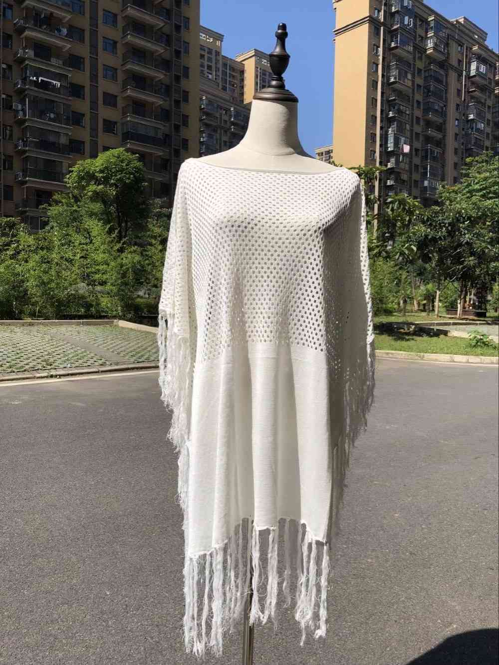 Fringed Summer Women Beach Wear Swim Suit Cover Up Bath Dress Sexy White Crochet Tunic Bikini Wrap Cover-ups Sarongs #Q483 210420