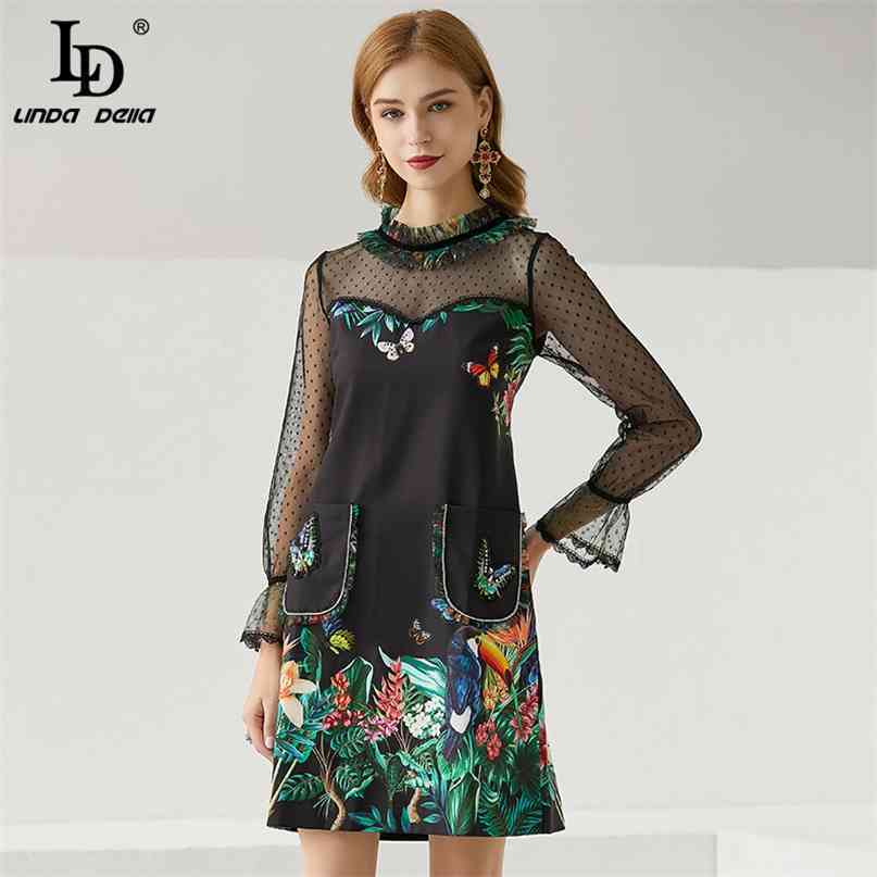 Summer Fashion Runway Vintage Dress Women Mesh Long Sleeve Embroidered Floral Print A Line Mini Dresses 210522