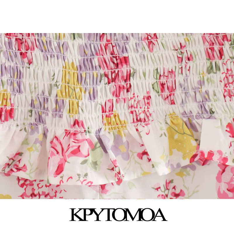 Women Chic Fashion Floral Print Smocked Midi Dress Puff Sleeves Side Zipper Slit Female Dresses Vestidos 210420