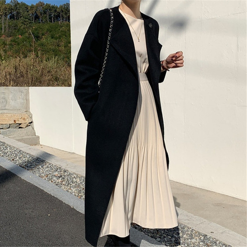 Minimalist Autumn Long Pleated Dress Women Vintage Elegant OL Work Wear O-neck Sleeve Maxi Dresses Vestidos 210421