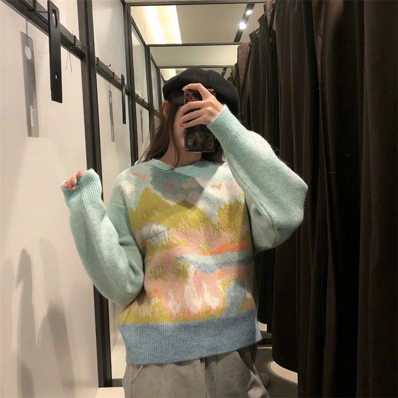 Women Fashion Sweet Candy Colors Cute Pattern Sweater Female Round Neck Long Sleeve Pullover Chic Top 210520