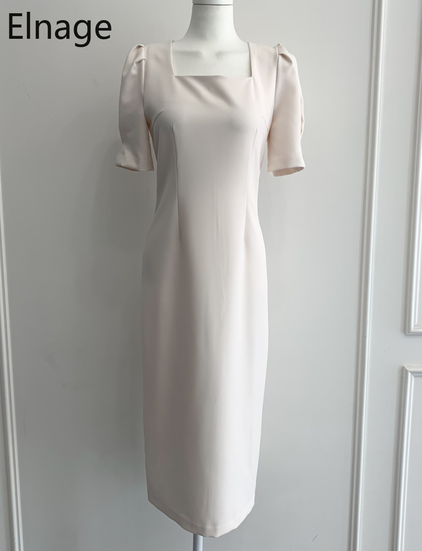 Korean Style Chic Slim Square Collar Pleated Bubble Short Sleeve Wrap Hips Dress Women A Line Long Summer Dresses White 5B284 210429