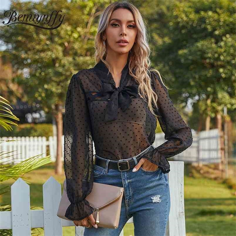 Bow Tie Neck Swiss Dot See Through Tops Blouses Women Spring Summer Black Long Sleeve Ladies Elegant Blouse 210510