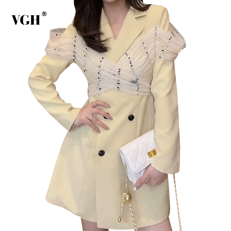 VGH Temperament Patchwork Lace Dress For Women Notched Long Sleeve High Waist Hollow Out Korean Dresses Female Fashion New Tide 210421