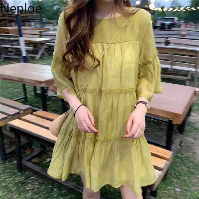Neploe Japanese Sweet Dresses Women Summer Thin White Vestidos O-neck Short Sleeve Loose Ruffles Robe Korean Fashion Dress 210422
